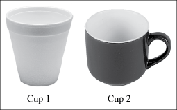 Cup 1 is a styrofoam cup. Cup 2 is a ceramic mug.